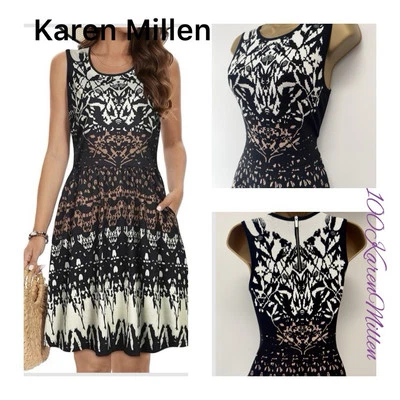 Vestido KAREN MILLEN Reino Unido 8/10 Mini Patinador Tejido Ajuste y Acampanado PVP £160 Talla 2 Foto 1 de 4