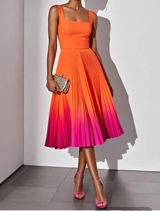 Orange Pleated Classic Square Neck Sleeveless A-Line Midi Dress - Picture 1 of 8