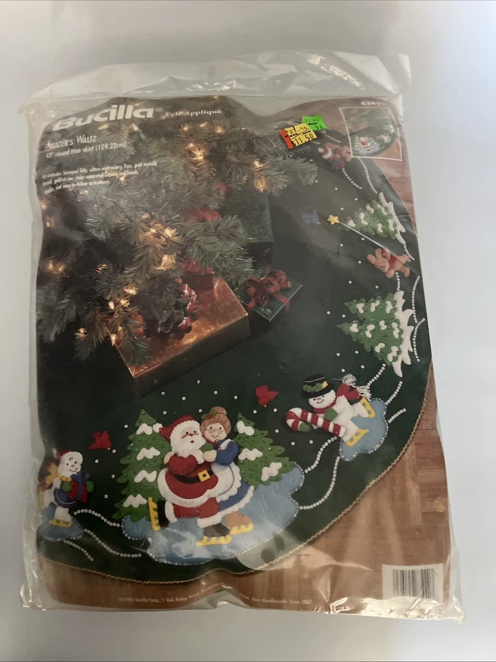 Bucilla Skater's Waltz Felt Applique 43" Tree Skirt Kit Santa Mrs. Claus Snowmen - Image 1 of 4