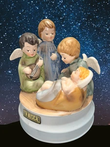 Vintage 1970s Bisque Porcelain Nativity Angel Music Box plays Silent Night - Picture 1 of 10