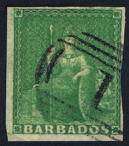 Barbados 1855 SG7 1/2d Yellow-Green Fine Used '1' Bridgetown Cat. £110.00 - Picture 1 of 1