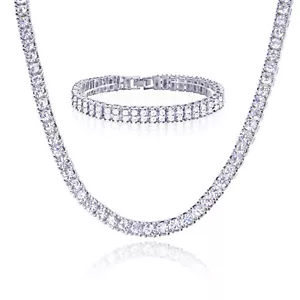 Men's Women's Silver Toned CZ Stoned Iced 20" Tennis Chain & 8" Bracelet  SET S - Picture 1 of 5