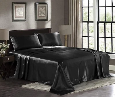 Black Full Size Satin Silky Sheet Set With Pillowcase Microfiber Deep Pocket - Image 1 of 4