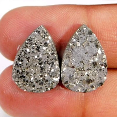 22.95Cts. Natural Amazing Pyrite Druzy Matched Pair Pear Cabochon Loose Gemstone - Image 1 of 3