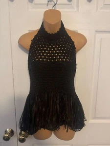 NWT Zara Black Knit Crochet Halter Neck Top L - Picture 1 of 11