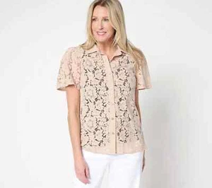 Dennis Basso Flatterärmel Spitze Camp Shirt - Champagne Bliss - 2X - NEU - A681186 - Bild 1 von 2
