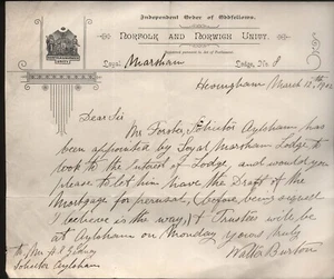 1902 NORFOLK & NORWICH UNITY, ODDFELLOWS, MARSHAM LODGE, LETTER, W. BURTON - Picture 1 of 1