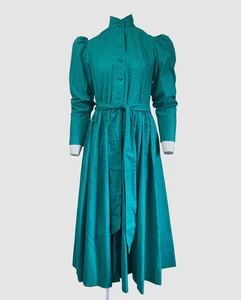 Vintage Laura Ashley Green & Black Polka Dot Long Sleeve Dress Size 10 Pockets - Picture 1 of 13
