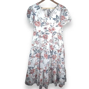Vestido midi de algodón con mangas abullonadas florales blancas Lucky Brand talla pequeña - Imagen 1 de 9