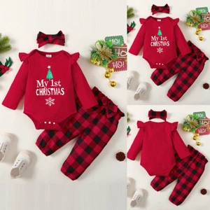 My 1st Christmas Baby Girl Romper Bodysuit Plaid Check Pants Headband Outfit Set - Picture 1 of 10