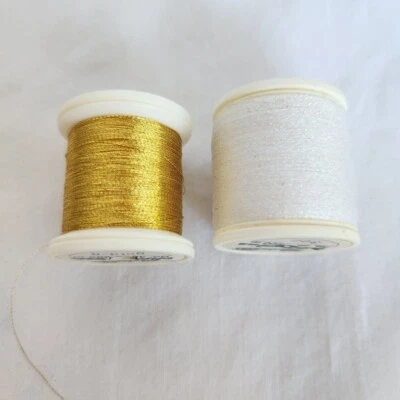 METALLIC EMBROIDERY THREAD Small Spools White Sparkle is new, Gold, used - Image 1 of 4