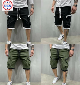 Men's Casual Zipper Pocket Lang Cargo Shorts Sport Pants Workout Fitness Joggers - Picture 1 of 13