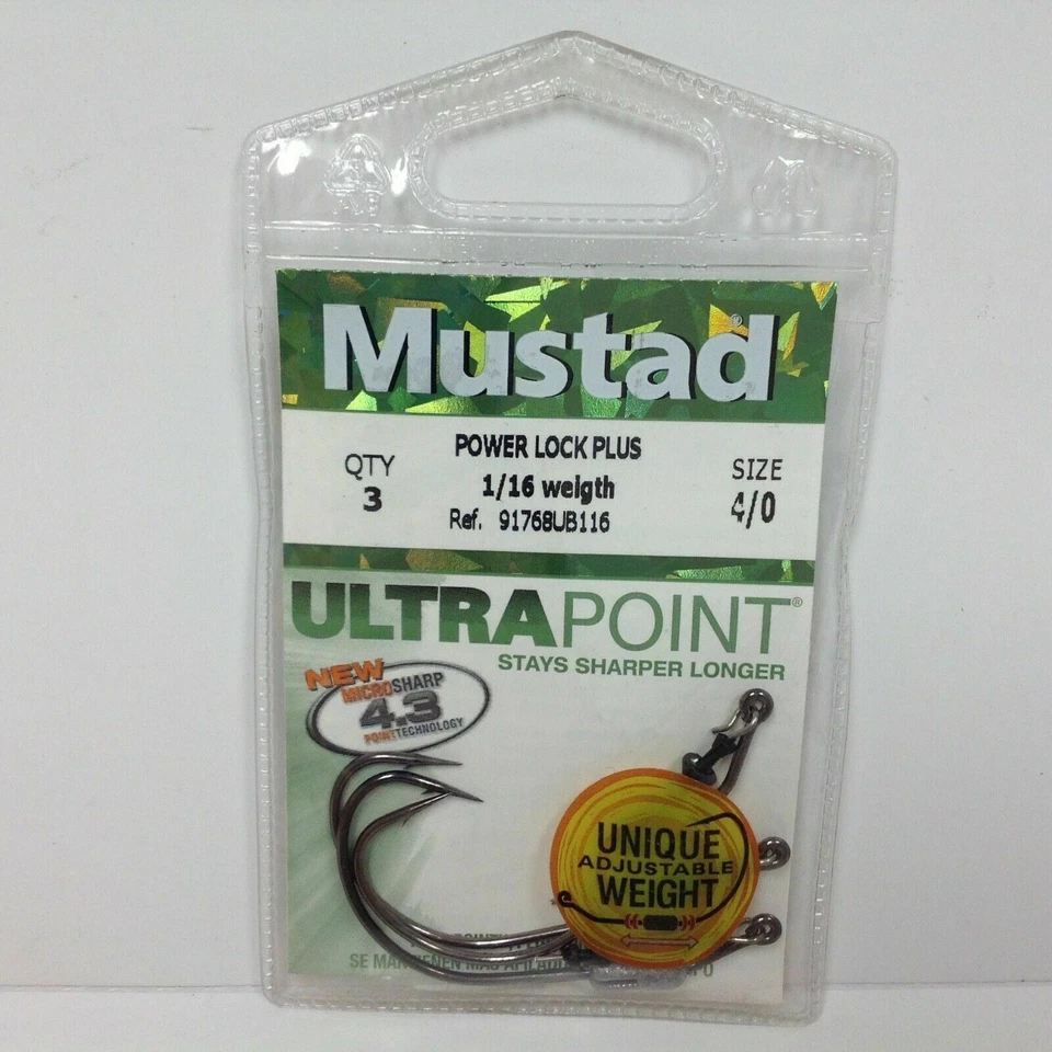 Mustad 91768UB116 Power Lock Ultra Sharp Bass Fishing Hooks 1/16oz Size 4/0 b - Image 1 of 2