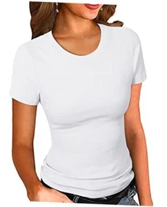 Women's Crew Neck Ribbed Fitted Shirt Basic Short Sleeves Summer Medium White - Picture 1 of 7