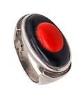 Italian Art Deco 1935 Cocktail Ring In .925 Sterling With Coral And Onyx