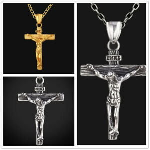 Mens Women Chain Necklace Cross Stainless Steel Pendant Crucifix Jesus UK