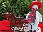 Amish Made DAVID THE SNOWMAN DOLL w/ Reindeer Sleigh Bells Wicker Sled SET of 2 