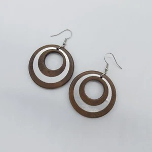 Round Brown Wood Dangle Earrings 2.4" Silver Tone Boho Ethnic Earrings - Picture 1 of 14