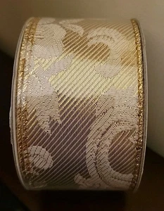 Vintage Wired Edge Christmas Ribbon Garland Gold & White Floral 2"x 25 Ft NIP - Picture 1 of 7