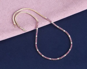 12.00 TCW 14k Yellow Gold Plated Tennis Necklace Red Ruby & Lab Created Diamond - Picture 1 of 8