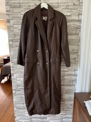 Vintage Together! Abrigo de cuero genuino trinchera chocolate manga larga PETITES 10P Foto 1 de 4