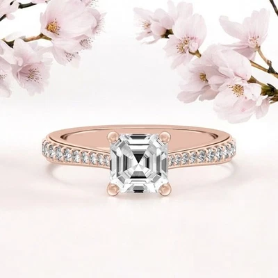 Rose Gold Engagement Ring IGI GIA Lab Grown Diamond Asscher Cut 1.25 Ct 14K Band - Image 1 of 4
