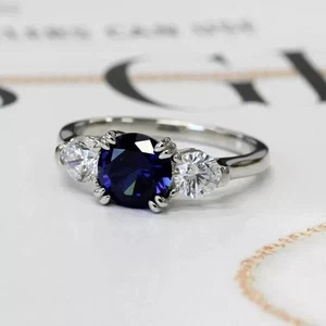 Anillo de compromiso redondo de diamantes de zafiro azul natural de 3... - Imagen 1 de 11