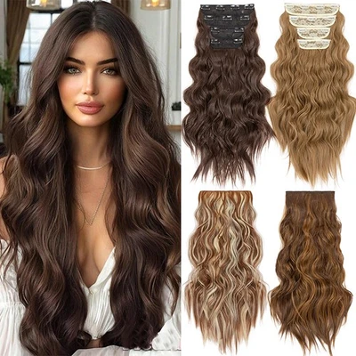Real Thick 4 Pieces 100% Natural Clip in As Human Hair Extensions Full Head Wavy - Image 1 of 4