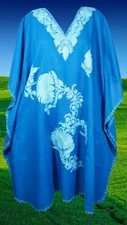 Women Midi dress Electric Blue Loose Cotton Resort Wear Embroidered Kaftan 4XL