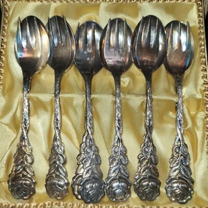 German, Silverplate Dessert Set, antique 12 Pieces ,6spoons 6forkes, In Box, - Picture 1 of 17