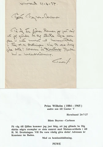 SWEDEN: Royal signature/autograph Prince Wilhelm Bernadotte (1884-1965) Cover