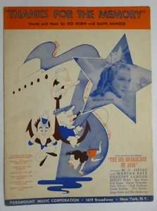 BIG BROADCAST 1938 Movie Sheet Music THANKS FOR MEMORY 1937 Bob Hope W.C Fields - Picture 1 of 2