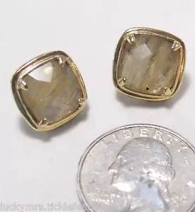 Vtg GP Pierced Earrings,Clear Square Checkerboard Art Glass w/Brown Striations - Picture 1 of 2