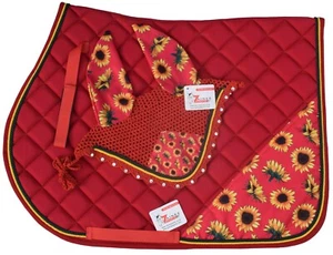 SUN FLOWER ENGLISH SADDLE PAD SET FLY VEIL HORSE EAR NET BONNET ZAINEE SPORTS - Picture 1 of 10