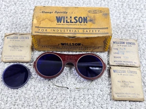 Vintage Willson blaue Glaslinse Sicherheits Schweißerbrille Brille mit 4 NOS Gläsern - Bild 1 von 7