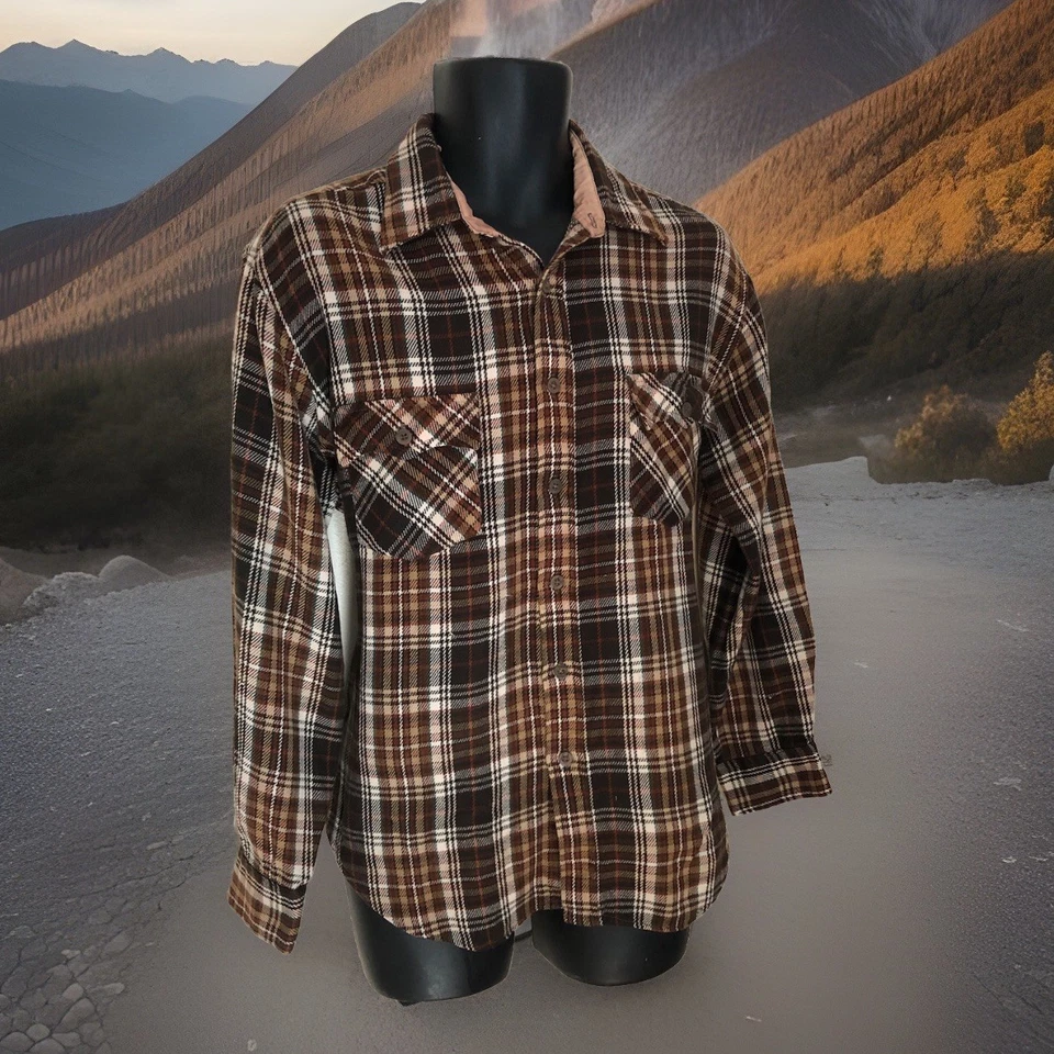 JC Penny’s Men’s Store Vintage Flannel Shirt Size Large Brown Plaid Two Pocket - Image 1 of 4