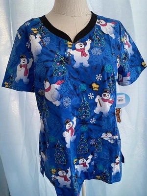 Frosty Snowman Cherokee Scrubs Tooniforms V Neck Top Medium Women - Image 1 of 4