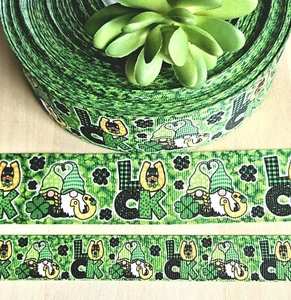 7/8 & 1.5" (1 YD) St. Patrick's Day Grosgrain Ribbon Gnome Shamrock Horseshoe - Picture 1 of 1