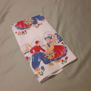 Toalla de té vintage de lino holandesa tulipanes bailarines molinos de viento alegre - Imagen 1 de 6