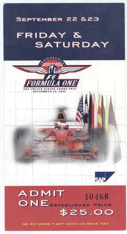 9/22-23/00 US Grand Prix Formula One Indianapolis Speedway Ticket! Pre Race Pass Cover