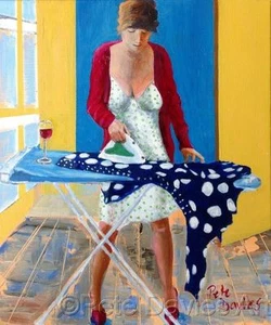NEW ORIGINAL PETE DAVIES "Girls Night Out" Lady ironing woman OIL PAINTING - Picture 1 of 1