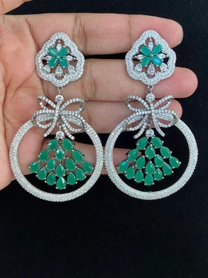 Pretty Drop Dangle Engagement Earrings With Simulated 32.6TCW Emerald & Sapphire - Image 1 of 4