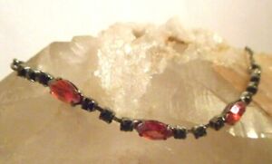 Avon delicate  dark silver tone bracelet with red glass and black onyx stones