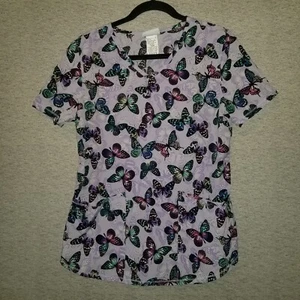 ScrubStar Women’s Scrub Top Size Small Purple Butterflies 3-Pocket Short Sleeves - Picture 1 of 10