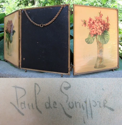 Antique PAUL DE LONGRE signed Tri Fold flowers floral VANITY MIRROR victorian Cover