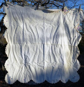 Vintage Embroidered cotton Tablecloth 28x28" FLOWERS crochet edge - Picture 1 of 8