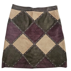Worth New York Suede Skirt Size 4 Studs Argyle Diamond Patchwork - Picture 1 of 10