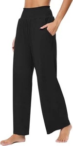 iChunhua Women's Smocked High Waist Wide Leg Pants Casual Loose Small, Black - Picture 1 of 4