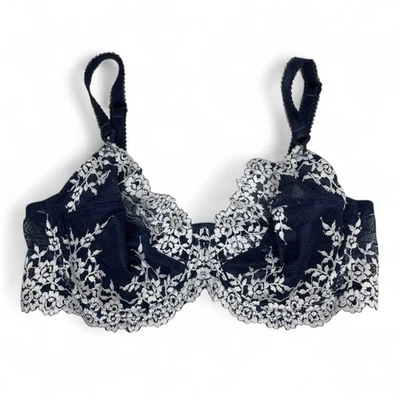 Wacoal 海军蓝白色花卉蕾丝透明无衬里刺绣文胸钢圈 38D — 第 1/4 张图片