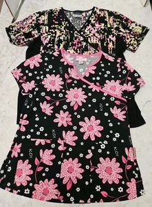 Lot Of 2 Preowned Size Med. Scrub Tops Black Floral Koi, Cherokee Splatter Print - Picture 1 of 13